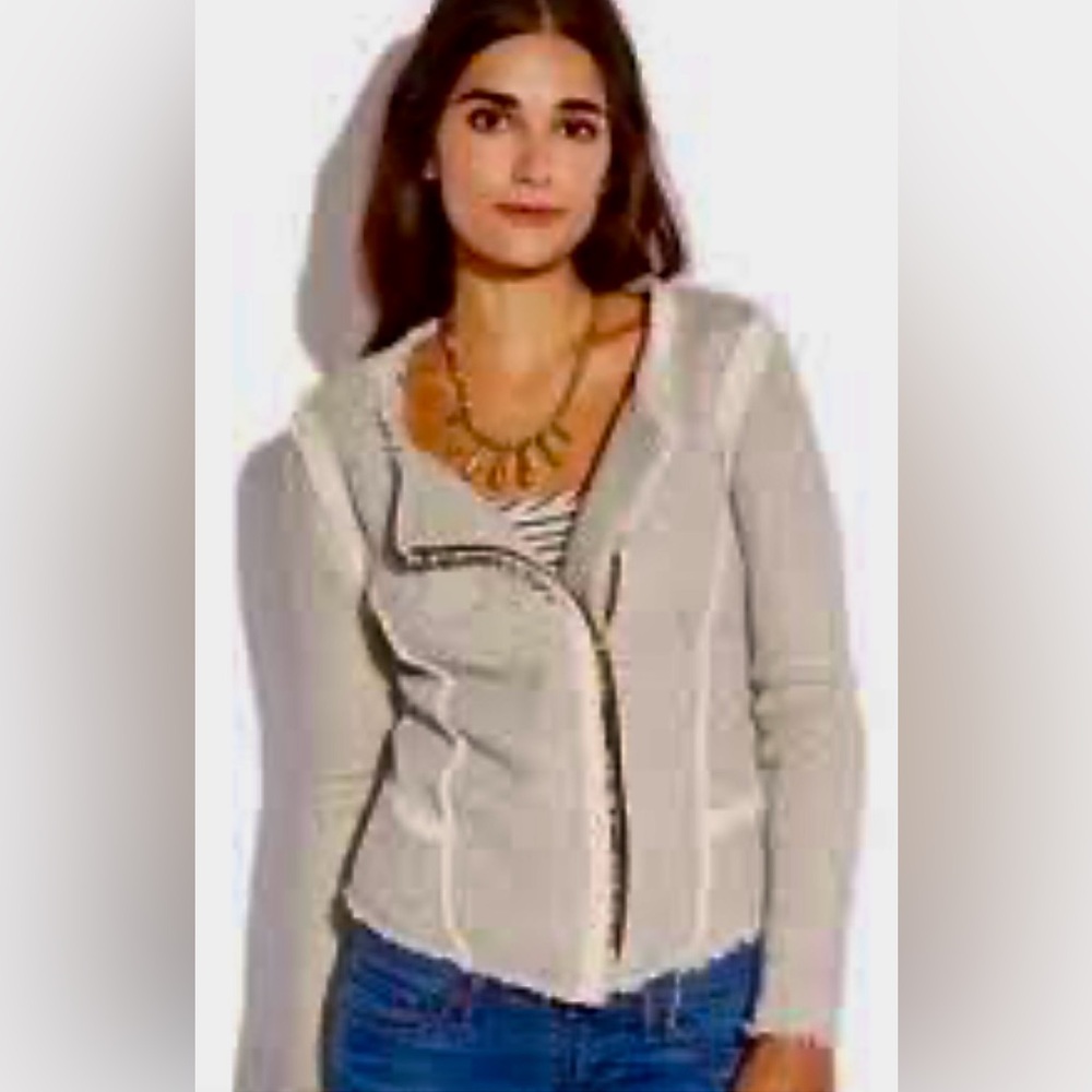 Lucky Brand Lucky Lotus Gray Knit Moto Jacket Fringe Trim Asymmetrical Zip M